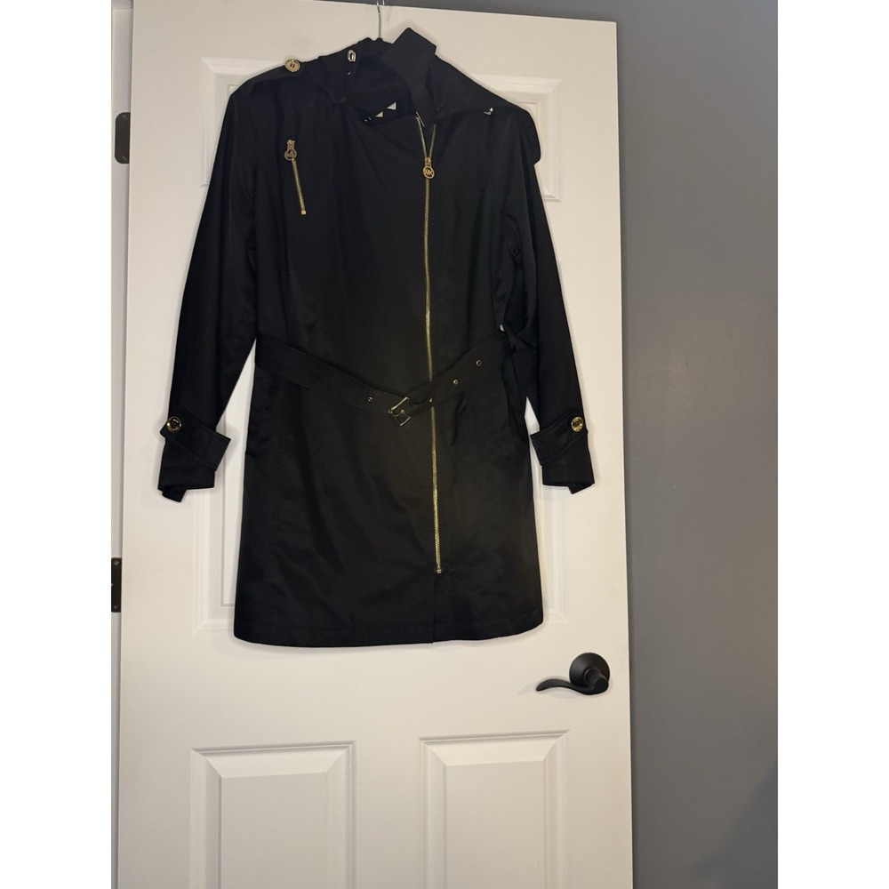 Michael Kors Jacket W Belt And Detachable Hood Black Gold Hardware
